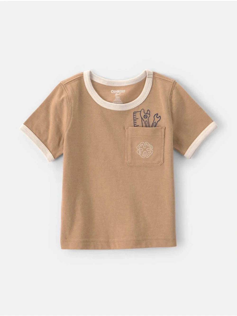 OshKosh B'gosh Short Sleeve Pocket Tee in Brown with Cream Trim